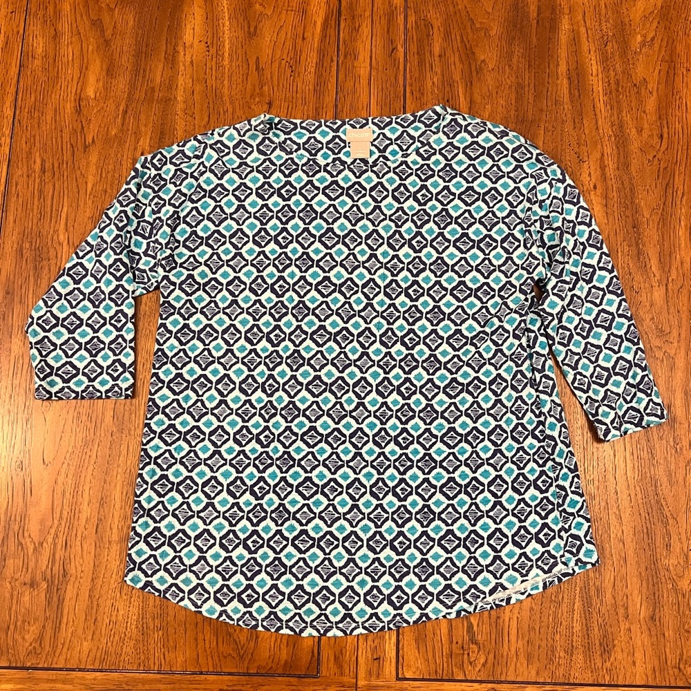 Chico’s Boat Neck 3/4 Top- Teal/Navy/Light Blue- Size 1
